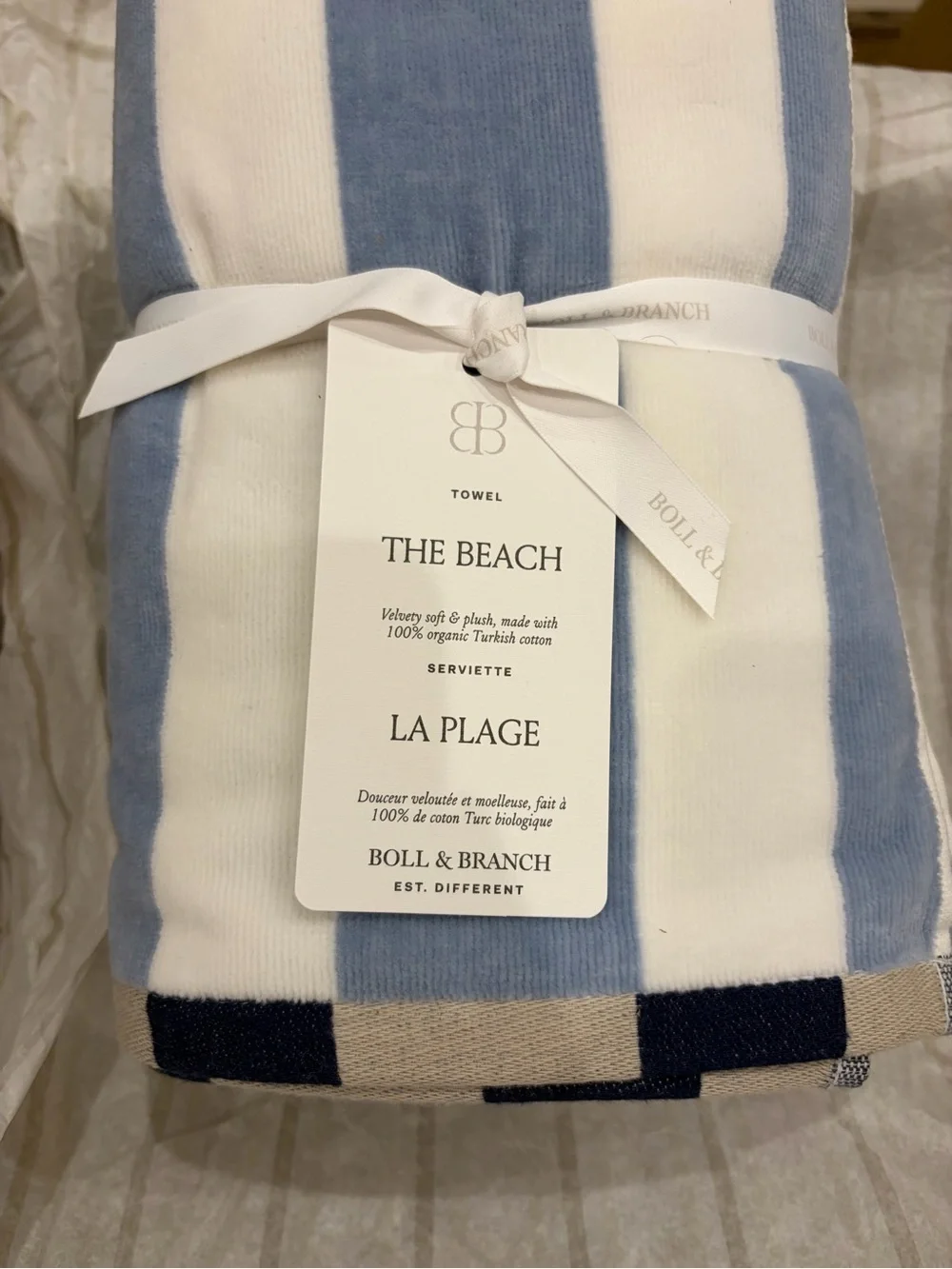 Boll & Branch Hydrangea Harbor Stripe beach towel 🏝️
